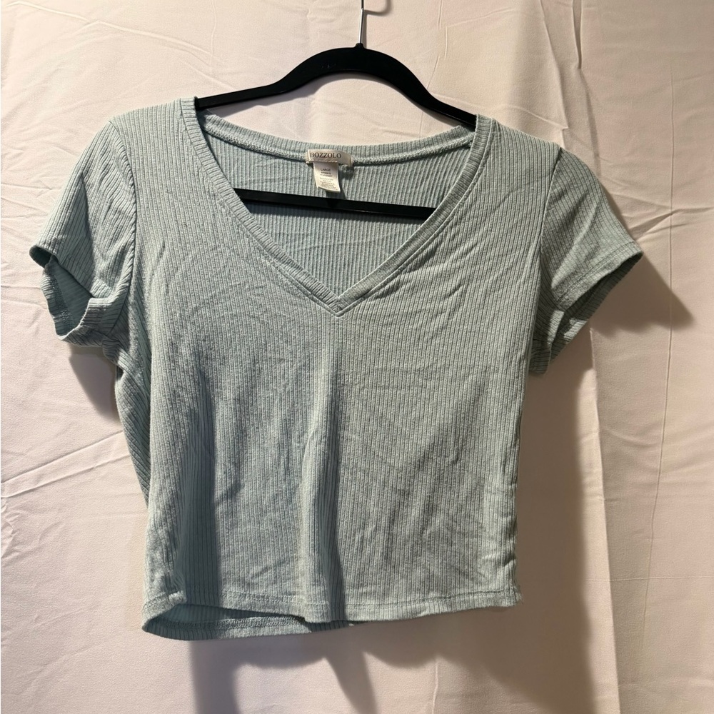 Bozzolo Light Teal Blue Ribbed V-Neck Crop Top